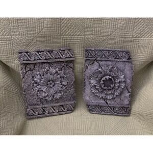 C&K Floral Wall Plaques Set of 2 Tuscan Old World Stone Look Decor 9.25 x 7.5"